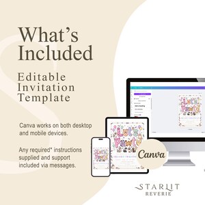 May include: An invitation template displayed on a desktop computer, tablet, and smartphone. The invitation design features the text "Let's Pawty" with illustrations of dogs and cats. The image also includes the Canva logo and the text "What's Included".