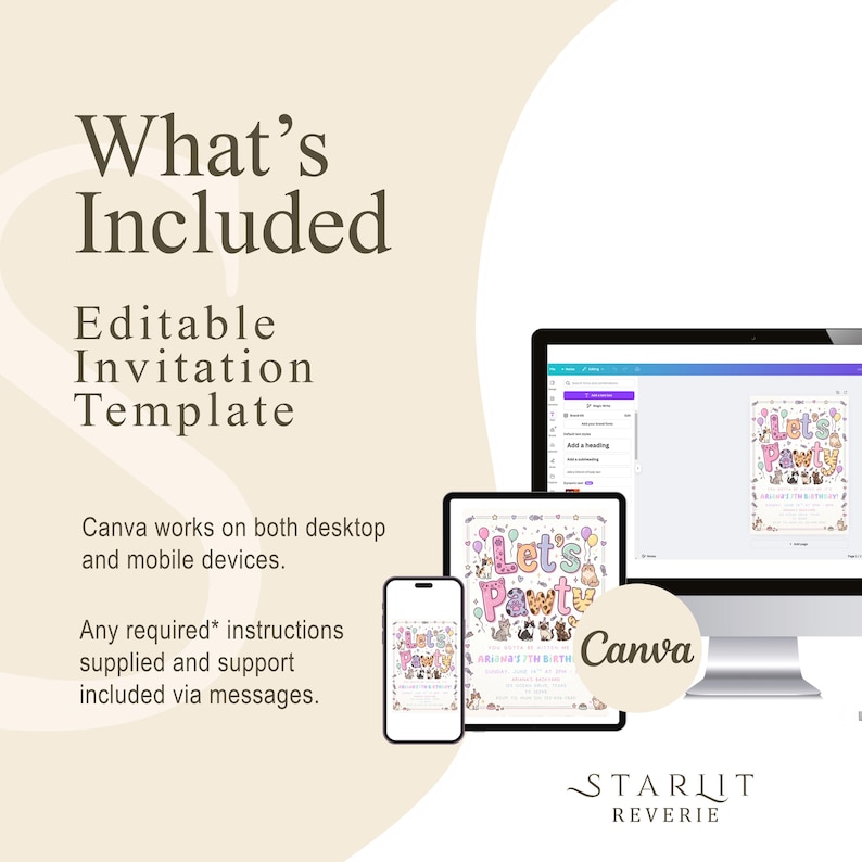 May include: An invitation template displayed on a desktop computer, tablet, and smartphone. The invitation design features the text "Let's Pawty" with illustrations of dogs and cats. The image also includes the Canva logo and the text "What's Included".