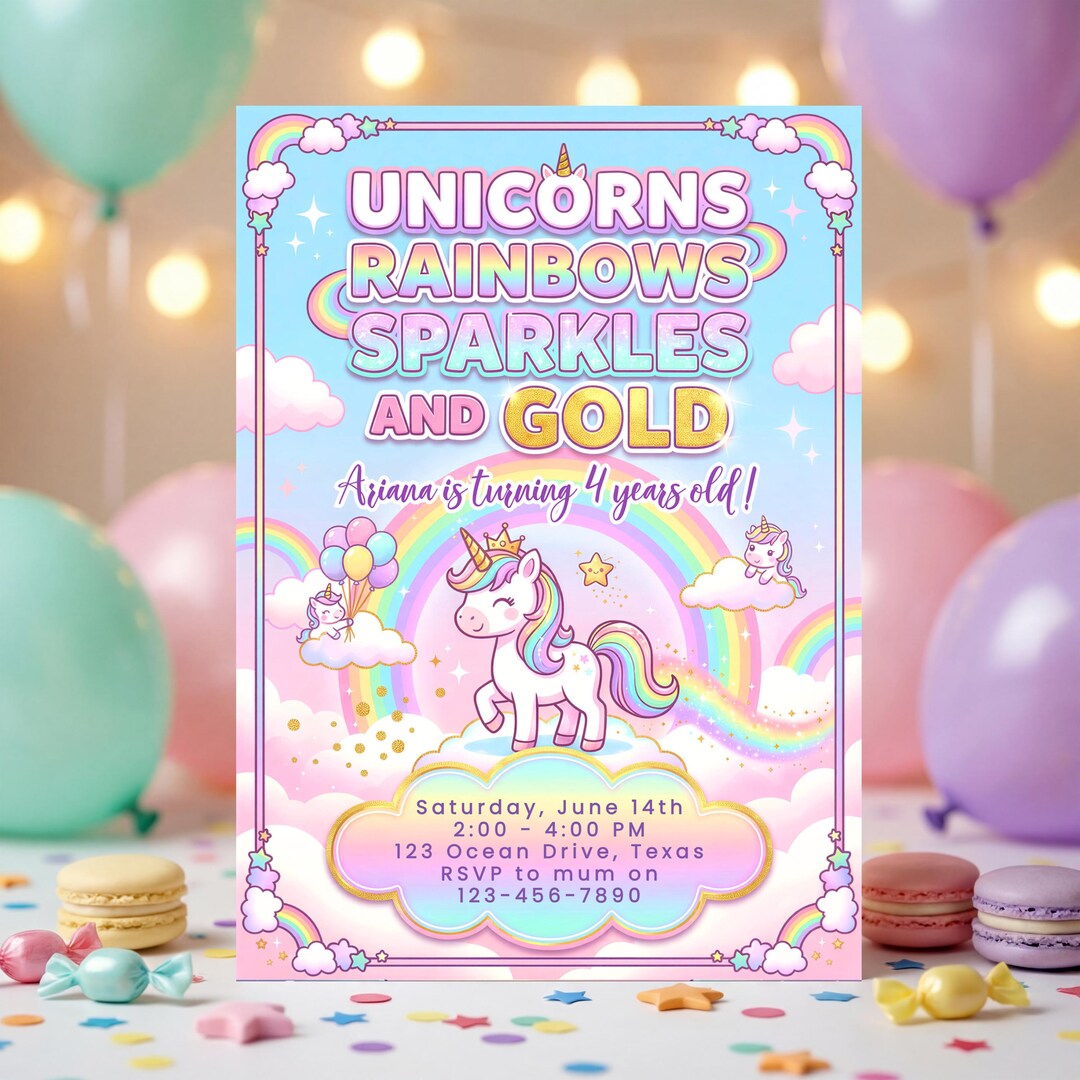 Unicorns Rainbows Sparkles and Gold Girls Unicorn Birthday Invitation ...