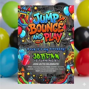 以下が含まれることがあります： 落書き風のデザインの誕生日パーティーの招待状。「Jump Bounce and Play」というテキストが鮮やかな色で表示され、パーティーの詳細（名前「Jordan」と年齢「6」など）も記載されています。カラフルな風船が招待状を囲んでいます。