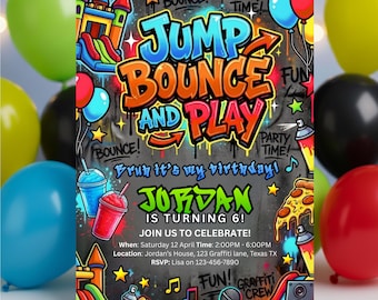 Convite para Festa de Pular, Convite de Aniversário para Menino com Tema de Grafite Neon - Modelo Editável