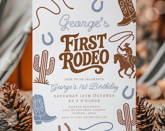 Editable First Rodeo Birthday Invitation, Rodeo 1st Birthday Invite, Cowboy Western Birthday Invite, Rodeo 1st Birthday, Retro Wild West