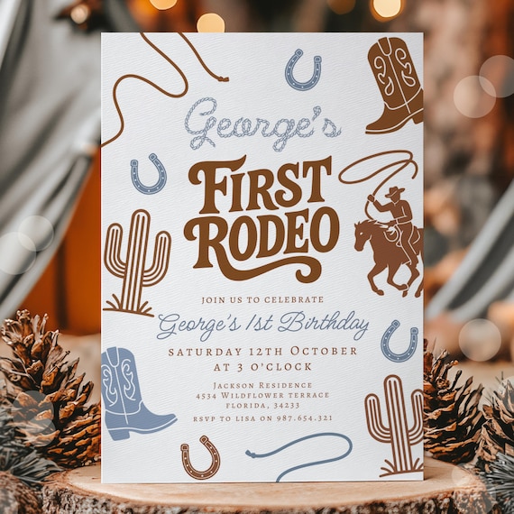 Editable First Rodeo Birthday Invitation, Rodeo 1st Birthday Invite, Cowboy Western Birthday Invite, Rodeo 1st Birthday, Retro Wild West