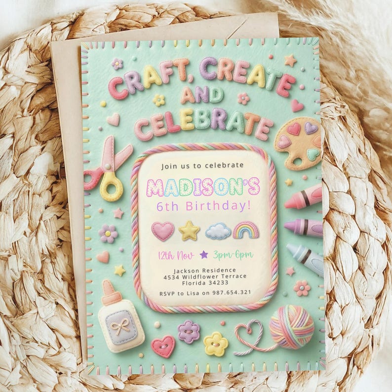 Puede incluir: Una invitaci&oacute;n de cumplea&ntilde;os en colores pastel con el texto "CRAFT, CREATE, AND CELEBRATE". La invitaci&oacute;n incluye un nombre, una fecha, una hora y un lugar. Los elementos decorativos incluyen tijeras, crayones y una madeja de lana.