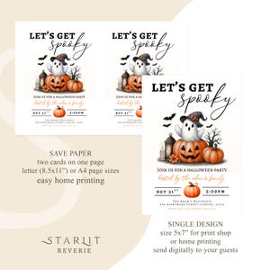 May include: Halloween party invitations with the text "Let's Get Spooky." The design features a ghost wearing a witch hat, pumpkins, bats, and a lantern. The invitation includes the date, time, and address for the party.