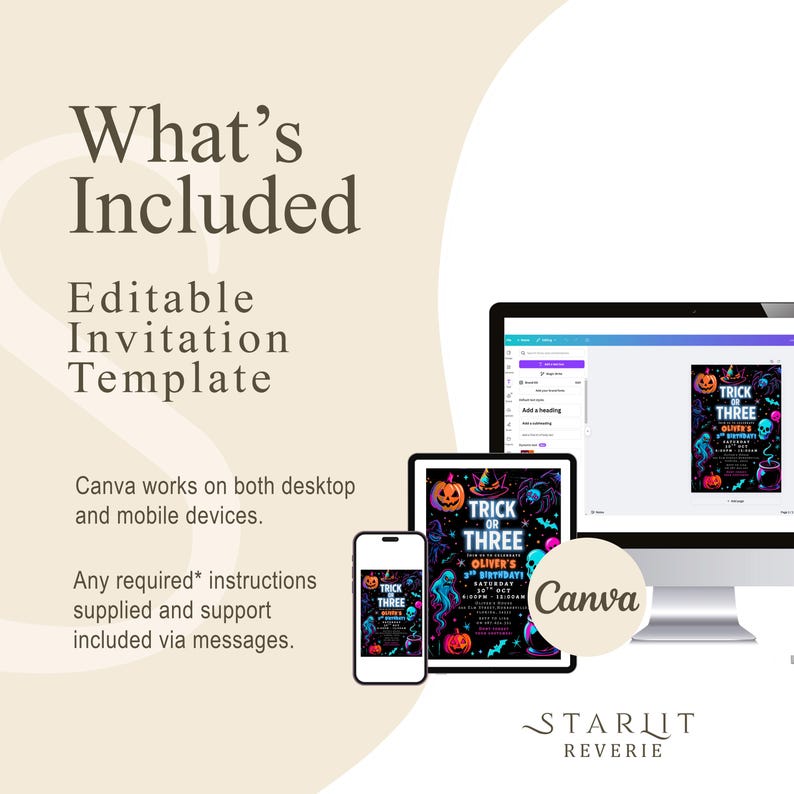 May include: An editable Halloween invitation template displayed on a desktop computer, tablet, and smartphone. The invitation design features a spooky theme with pumpkins, ghosts, and the text "Trick or Three". The Canva logo is also visible.