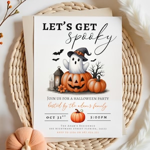May include: Halloween party invitation with the text "Let's Get Spooky." The design features a ghost wearing a witch hat, sitting on a carved pumpkin, with bats, a lantern, and pumpkins. The invitation includes the date, time, and address.
