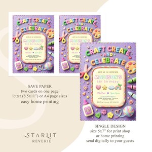 Plantilla de invitación para fiesta de cumpleaños con temática de manualidades y manualidades para niñas en tonos pastel. imagen 8