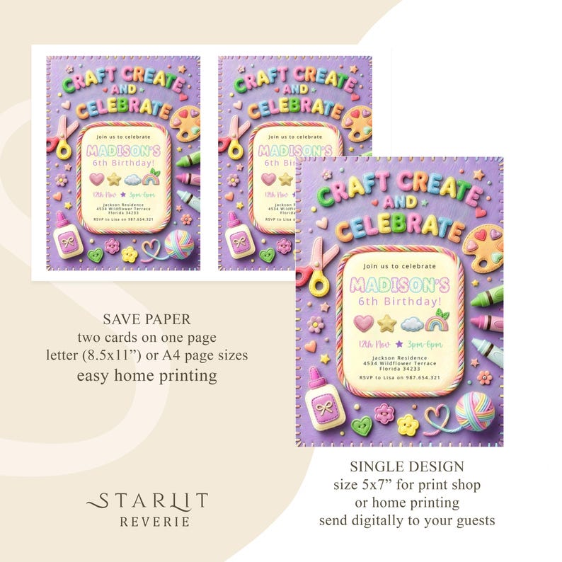 Plantilla de invitación para fiesta de cumpleaños con temática de manualidades y manualidades para niñas en tonos pastel. imagen 8