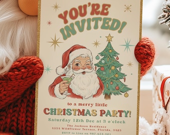 Retro Santa Editable Christmas Party Invitation, Vintage Holiday Cocktail Theme, Canva Template, Printable Xmas Invite, Instant Download