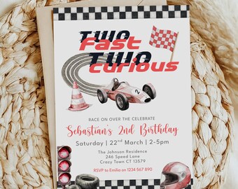 Invitation d'anniversaire deux rapides, invitation de voiture de course Two Fast 2 Curious, 2e anniversaire d'invitation, coureur, modèle modifiable toile, téléchargement immédiat