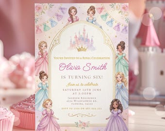 Könnte beinhalten: Eine Einladung im Prinzessinnen-Stil mit rosa und goldenem Design. Die Einladung zeigt Illustrationen von Prinzessinnen in Pastellkleidern, ein Schloss und den Text "Olivia Smith wird sechs!" mit Veranstaltungsdetails.