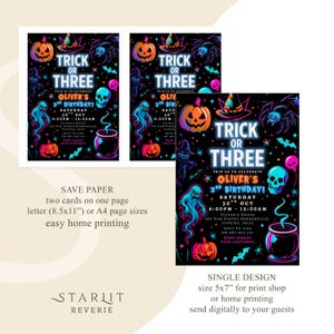 May include: Halloween-themed birthday party invitations. The design features a black background with neon orange, blue, and green illustrations of pumpkins, spiders, ghosts, and a skull. The text reads "Trick or Three" and includes party details.