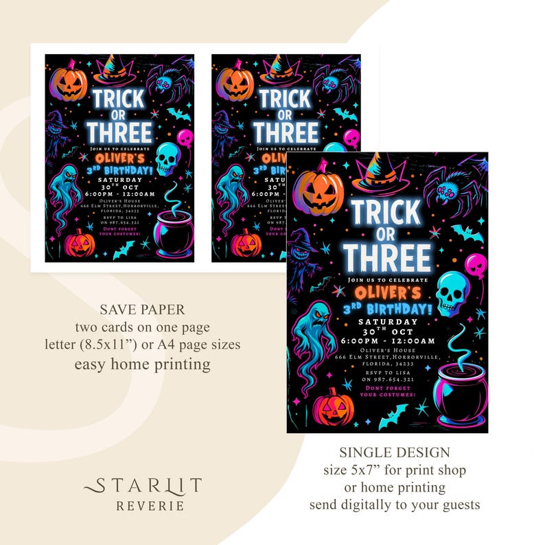 May include: Halloween-themed birthday party invitations. The design features a black background with neon orange, blue, and green illustrations of pumpkins, spiders, ghosts, and a skull. The text reads "Trick or Three" and includes party details.