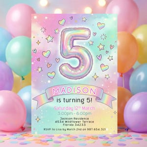 May include: A colourful birthday invitation featuring a large number 5 balloon. The invitation states "Madison is turning 5!" with event details. Hearts, stars, and confetti decorate the design. Balloons in various colours surround the invitation.