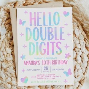 Invitación de cumpleaños "Hola" con dos dígitos, plantilla, invitación genial para el décimo cumpleaños, "Paz a todos" con dígitos simples, invitación para niña adolescente, Canva, instantánea