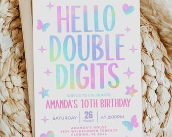 Hello Double Digits 10th Birthday Invitation Editable Groovy Girl Party Template