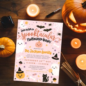 May include: A pink Halloween party invitation with the text "Join us for a spooktacular Halloween bash!" and various Halloween-themed illustrations. The invitation includes event details, surrounded by pumpkins and candles on a wooden surface.