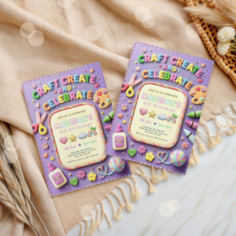 Plantilla de invitación para fiesta de cumpleaños con temática de manualidades y manualidades para niñas en tonos pastel. imagen 7