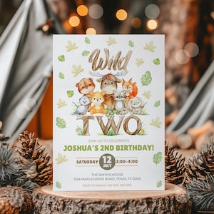 Bearbeitbar zwei wilde Geburtstagseinladung, zwei Jahre Safari Geburtstag, Safari Einladung, Wild Kind Geburtstag, Canva Vorlage, Sekunde, 2