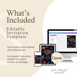 Puede incluir: Plantilla de invitaci&oacute;n de Halloween editable, mostrada en una computadora de escritorio, tableta y tel&eacute;fono inteligente. El dise&ntilde;o presenta un tema espeluznante con calabazas, fantasmas y el texto "Spooktacular Halloween Party".