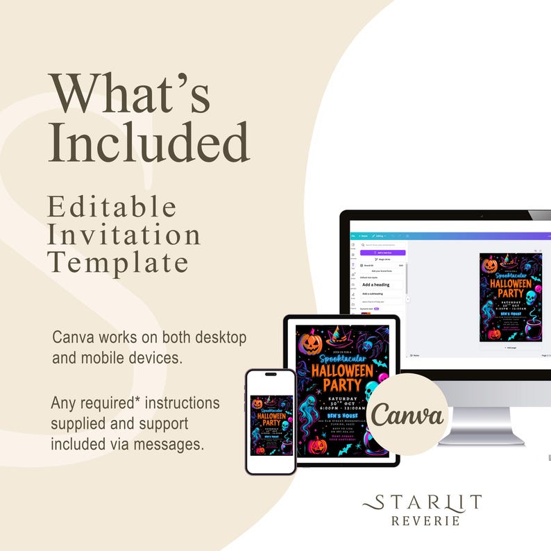 Puede incluir: Plantilla de invitaci&oacute;n de Halloween editable, mostrada en una computadora de escritorio, tableta y tel&eacute;fono inteligente. El dise&ntilde;o presenta un tema espeluznante con calabazas, fantasmas y el texto "Spooktacular Halloween Party".