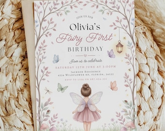 Fairy First Birthday Invitation Enchanted Forest Girl 1st Birthday Party invite Template