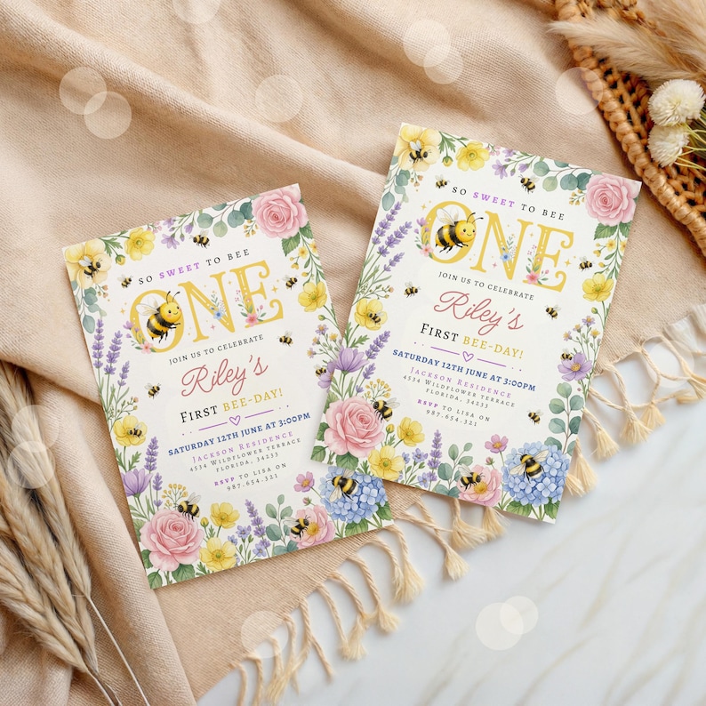May include: Two invitations with floral and bee designs. The invitations read "So Sweet to Bee ONE" and "Riley's First Bee-Day!" with event details. The floral border includes pink roses, yellow flowers, and blue hydrangeas.