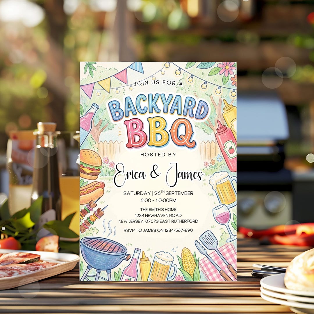 BBQ Invitation Hand Drawn Pastel Backyard Family Party Invite Editable ...