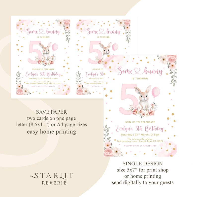 May include: Pink and gold birthday invitations with a bunny theme. The invitation reads "Some bunny is turning 5" and includes event details. The design is available in two sizes for easy printing.