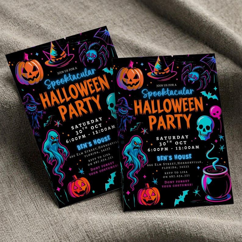 Puede incluir: Dos invitaciones para una fiesta de Halloween con fondo negro e ilustraciones de ne&oacute;n de calabazas, fantasmas, ara&ntilde;as y calaveras. El texto dice "Spooktacular Halloween Party" con detalles del evento. Las invitaciones son rectangulares.