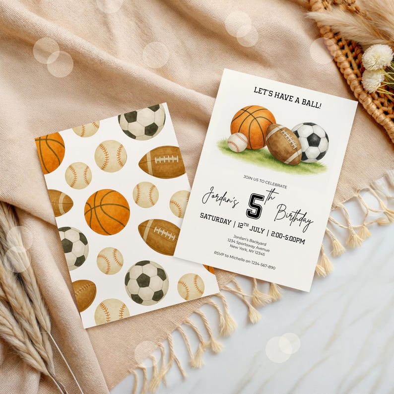 May include: Two white cards with sports-themed designs. One card features a pattern of basketballs, baseballs, footballs, and soccer balls. The other card has a watercolor illustration of a basketball, baseball, football, and soccer ball with the text "LET'S HAVE A BALL!" and birthday details.