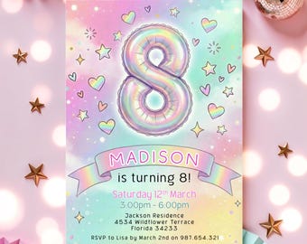 Girl's 8th Birthday Invitation Rainbow Pastel Balloon Eigth Party Invite