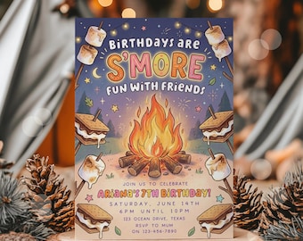 Convite de aniversário com tema de acampamento, festa de meninas com tema de s'mores, modelo editável, convite para fogueira ao ar livre.