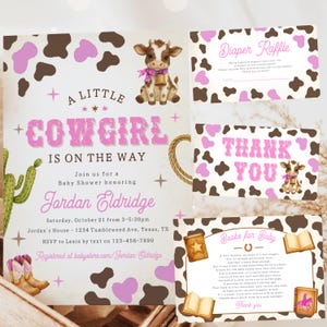 Editable a Little Cowgirl Baby Shower Invitation Bundle, Pink Baby Shower, Wild West Baby Shower Invite, Cow Girl, Canva Template Download