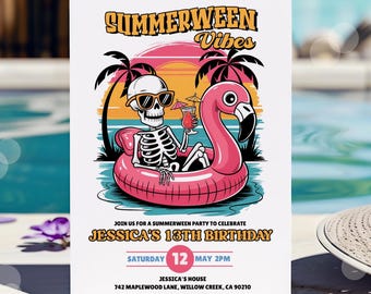 Editable Summerween Birthday Party Invitation, Summer Halloween, Skeleton Birthday, Groovy Font, Ghost, Summer Pool Party, Instant Download