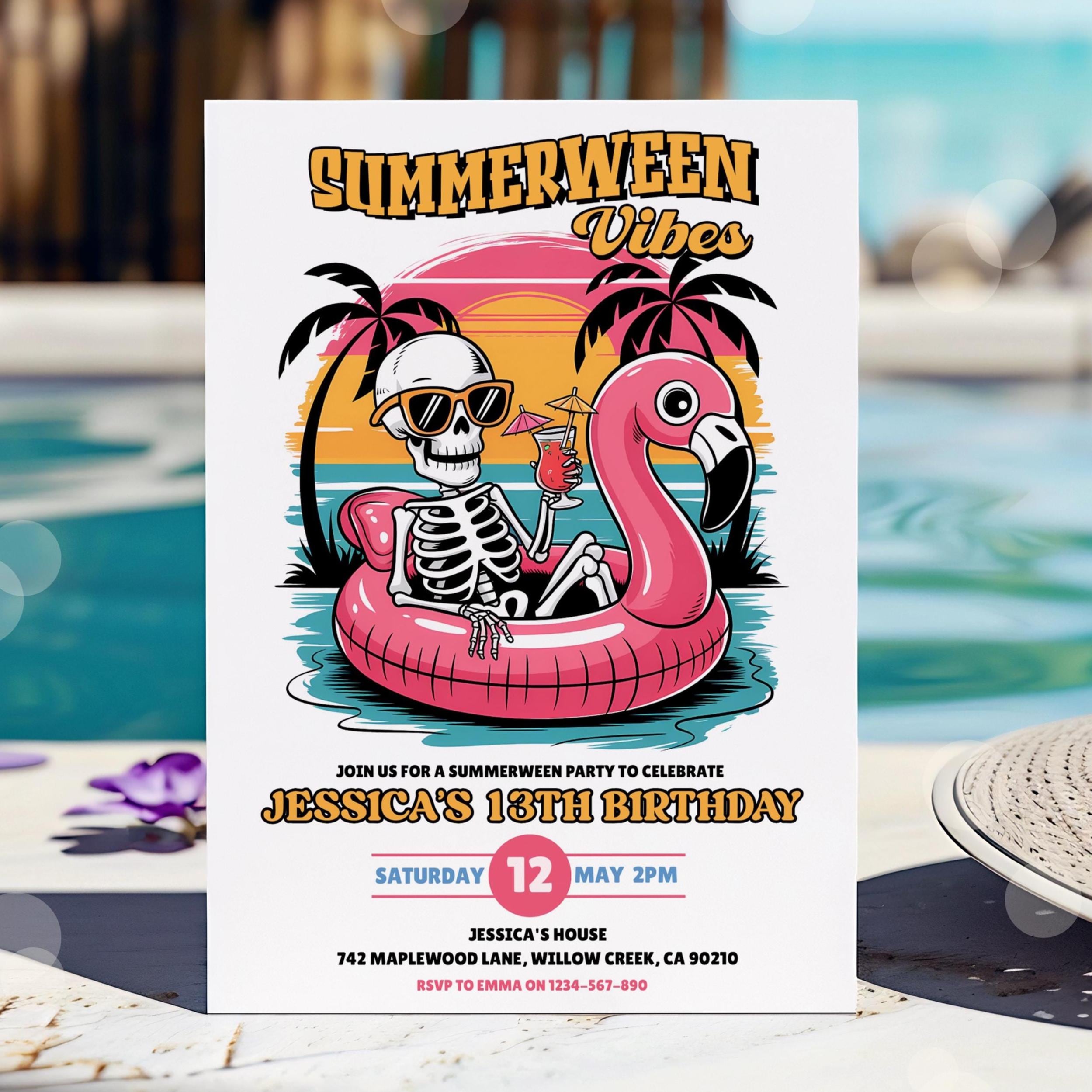 Editable Summerween Birthday Party Invitation, Summer Halloween, Skeleton Birthday, Groovy Font, Ghost, Summer Pool Party, Instant Download