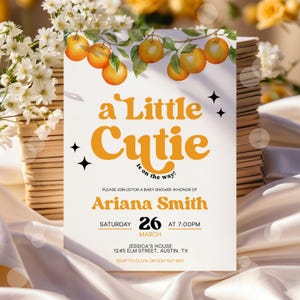 Editable Little Cutie Baby Shower Invitation, A Little Cutie Is On The Way Invite, Cutie Baby Shower Invite, Canva Template Instant, Orange