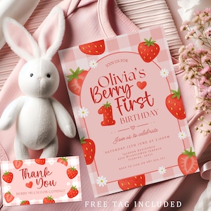 Berry Erster Geburtstag Einladung Vorlage, Berry Erster Geburtstag Einladung, Gingham, Canva, bearbeitbar, Stawberry einladen, Sofort Download