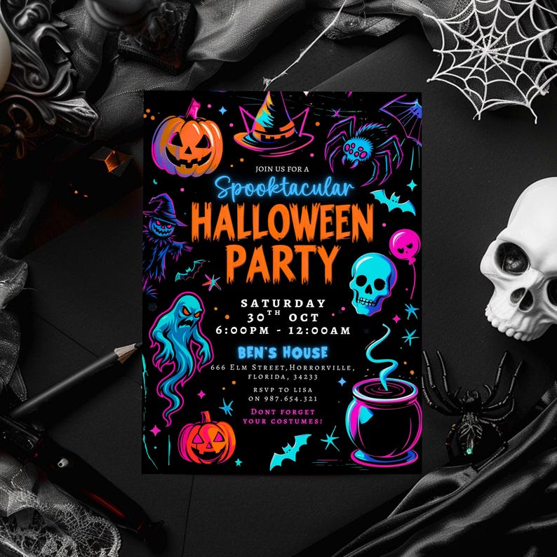Puede incluir: Una invitaci&oacute;n a una fiesta de Halloween negra con gr&aacute;ficos en naranja ne&oacute;n y azul. La invitaci&oacute;n incluye una calabaza, un sombrero de bruja, una ara&ntilde;a, una calavera, un fantasma y un caldero. El texto dice "Spooktacular Halloween Party".
