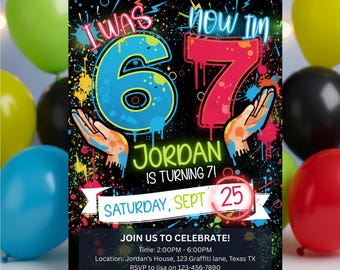 Invitación de cumpleaños para 6-7 años, ahora tengo 7, plantilla editable con grafiti neón.