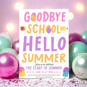 End of School Party Invitation, Hello Summer, School’s Out, Boho, Digital Instant Template, Pool Party Invite, Schools out, Goodbye School
