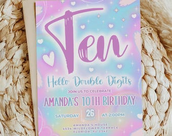 Hello Double Digits Pastel Neon 10th Birthday Invitation Editable Template