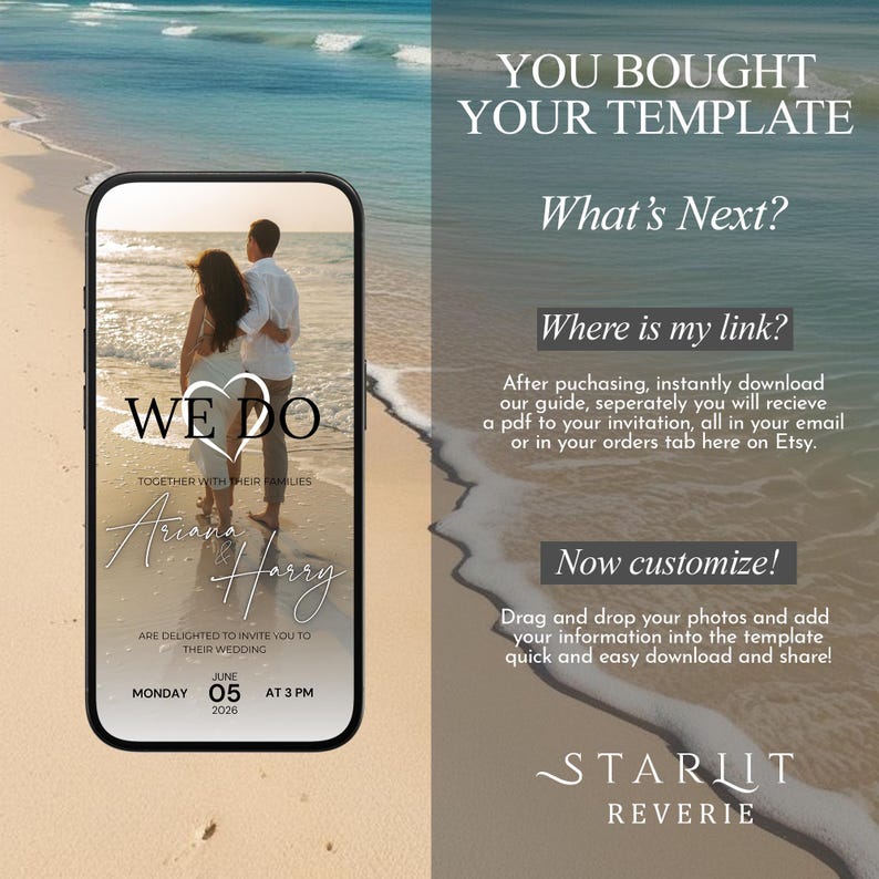 Op de afbeelding: Een digitaal sjabloon voor een huwelijksuitnodiging met een strandachtergrond. Het sjabloon toont een stel voor de oceaan met de tekst "We Do" en hun namen "Ariana & Harry". De tekst "Together with their families are delighted to invite you to their wedding" is ook inbegrepen. De datum en tijd van de bruiloft zijn vermeld als "Maandag, 5 juni 2026 om 15:00 uur".