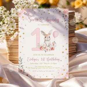 Some Bunny is One Invitation, 1st Birthday Girl Invitation, 1st Birthday Invite, Bunny Birthday Invitation, Printable Digital Template