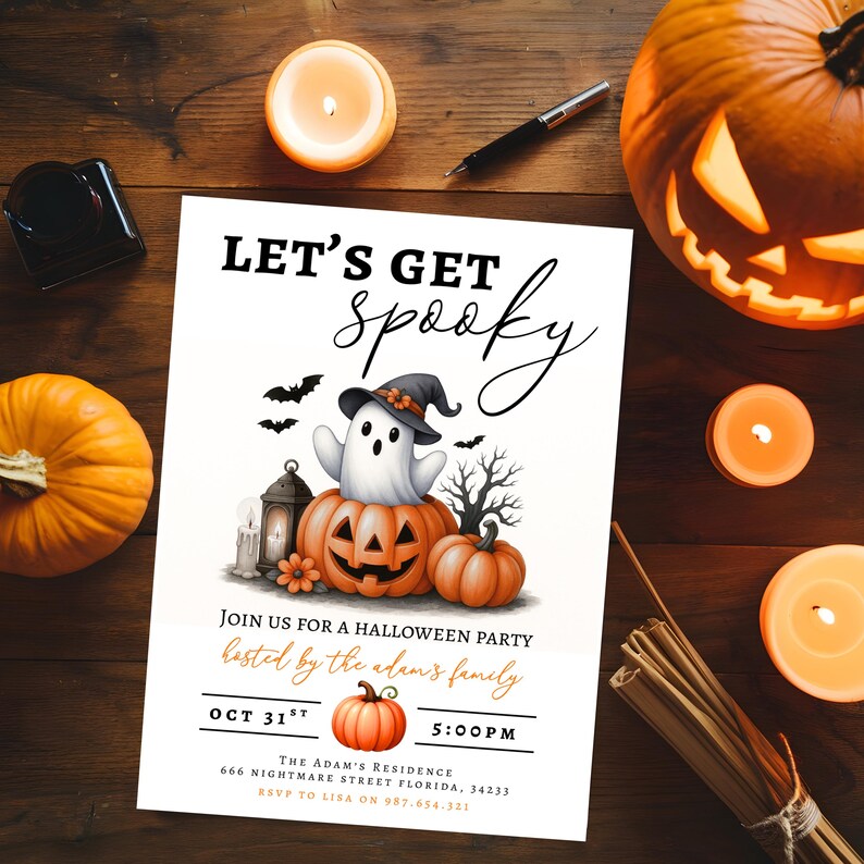May include: Halloween party invitation with the text "Let's Get Spooky." The invitation features a ghost wearing a witch hat on top of a carved pumpkin, with bats and pumpkins. The invitation is surrounded by candles and pumpkins.