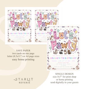 May include: Colorful "Let's Pawty" birthday invitations with cat illustrations. The invitations feature the text "Ariana's 7th Birthday!" and include details like date, time, and location. The design includes balloons, fish bones, and hearts.