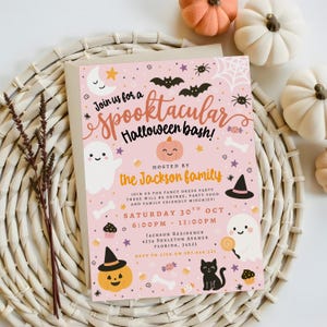May include: A pink Halloween party invitation with the text "Spooktacular Halloween bash!" and illustrations of ghosts, bats, and pumpkins. The invitation includes event details and RSVP information.