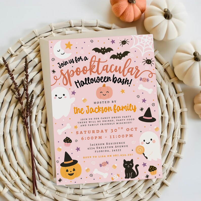 May include: A pink Halloween party invitation with the text "Spooktacular Halloween bash!" and illustrations of ghosts, bats, and pumpkins. The invitation includes event details and RSVP information.