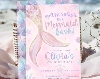 May include: A mermaid-themed birthday party invitation with a pink background and a mermaid tail illustration. The invitation includes the text "splish splash its a Mermaid bash!" and details for Olivia's 4th birthday.